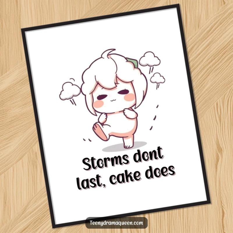 Funny Free Printable Wall Art: Character stomping foot with a pout, surrounded by tiny storm clouds, perfect for downloadable decor.