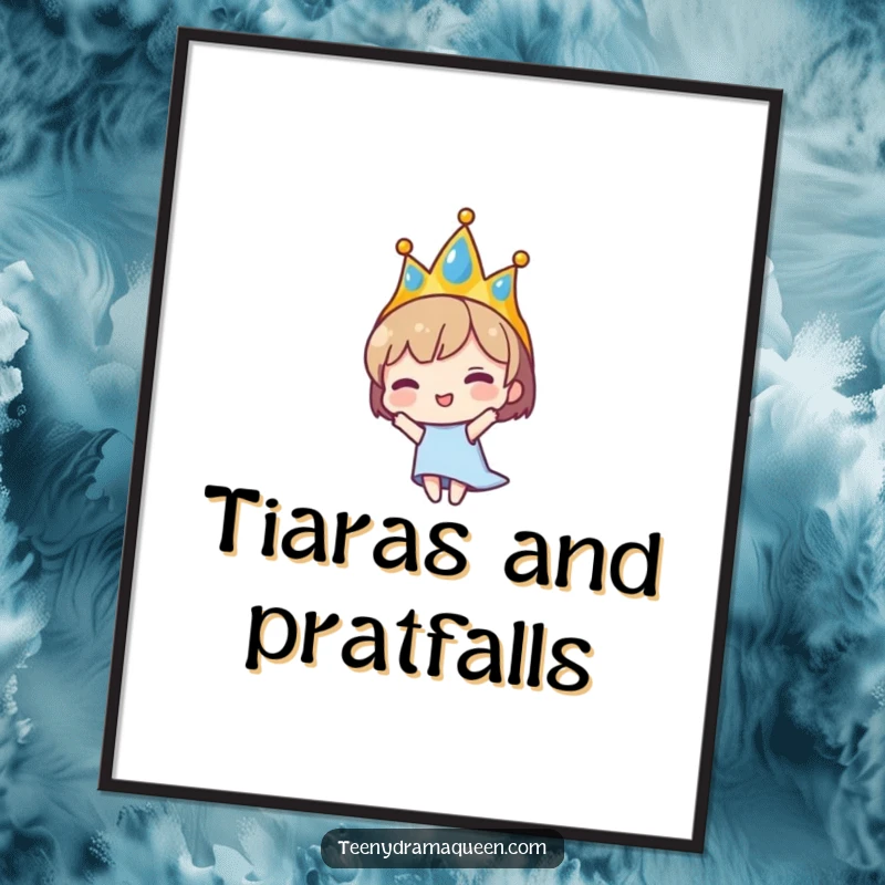 Funny Free Printable Wall Art: A tiny character with a sparkling tiara dramatically falling backward, limbs splayed, capturing a moment of comedic chaos.