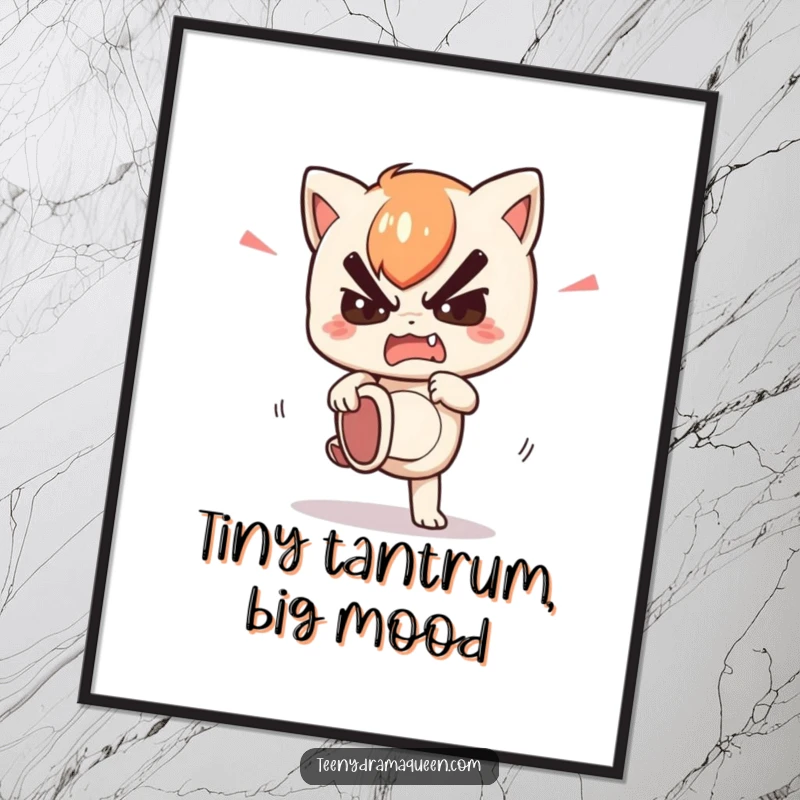 Funny Free Printable Wall Art: Kawaii character dramatically stomping its foot with feigned anger. Bold downloadable decor.