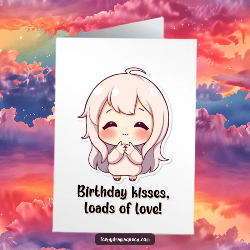 Free Printable Birthday Card: A cheerful character sending a sweet, tiny kiss with a beaming smile, perfect for birthday wishes.