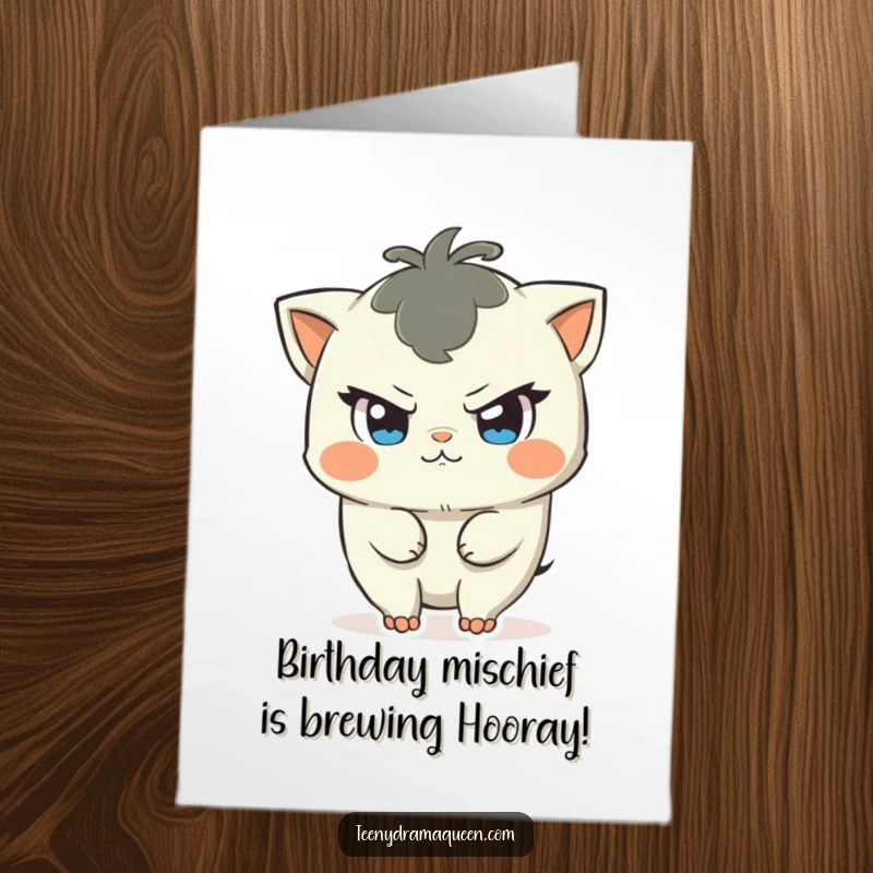 Funny Free Printable Birthday Card: Character with a mischievous glint is poised to start a fun commotion, perfect for birthdays.