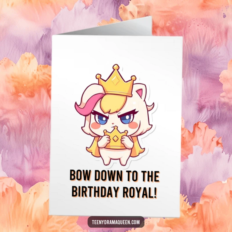 Funny Free Printable Birthday Card: Haughty character clutches tiny crown, ready to rule their birthday with sass.