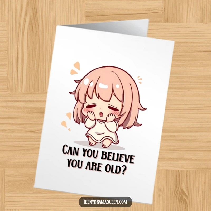 Funny Free Printable Birthday Card: Small character dramatically fainting with a flourish. Humorous, downloadable.