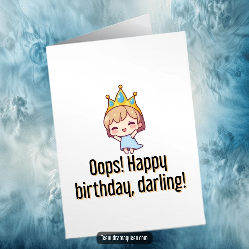 Funny Free Printable Birthday Card: A tiny character wearing a tiara dramatically falling backwards, arms flailing, in a moment of cartoonish surprise.