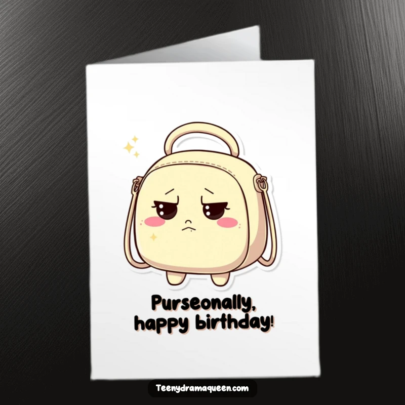 Funny Free Printable Birthday Card: A sparkly handbag character sports a discontented frown, wishing a sassy happy birthday.