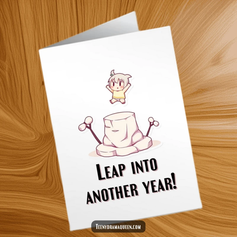 Funny Free Printable Birthday Card: Small character dramatically leaping onto an elevated platform with a grand flourish.