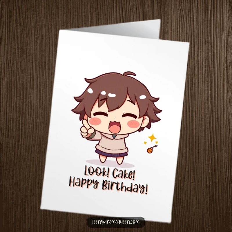 Funny Free Printable Birthday Card: An excited character dramatically pointing at a tiny object, shouting with glee for your birthday.