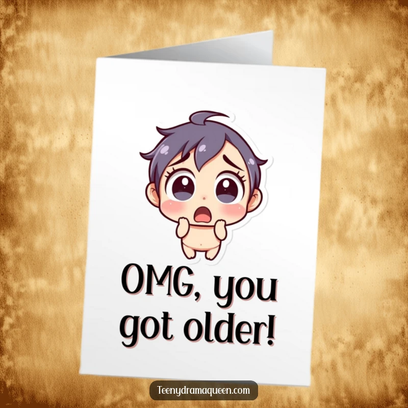 Funny Free Printable Birthday Card: Little character with a shocked expression and wide eyes. Humorous, downloadable.