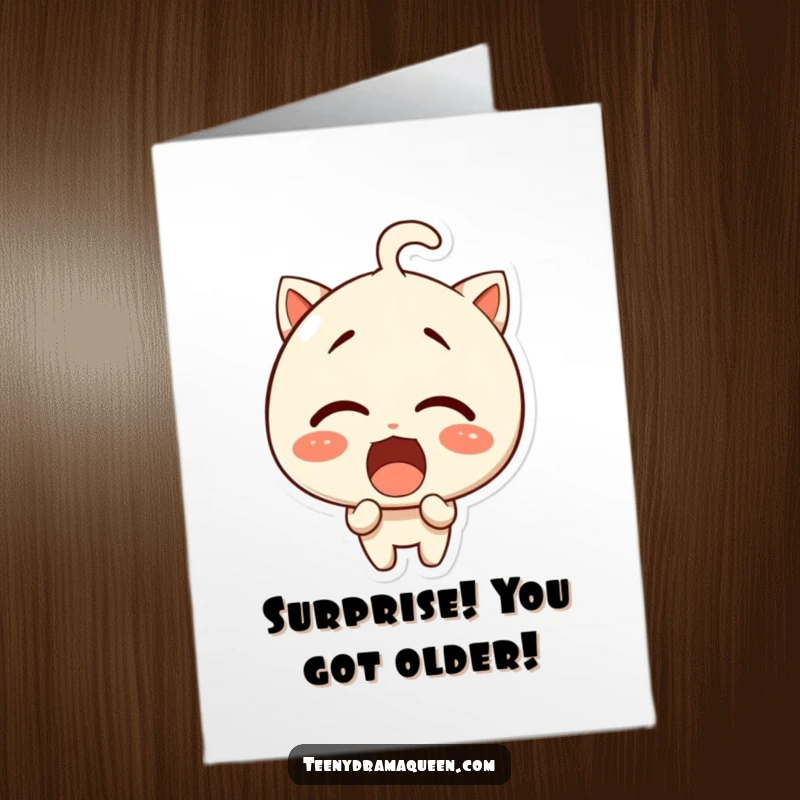 Funny Free Printable Birthday Card: Giggling character with wide eyes and a popped-jaw expression of shock.