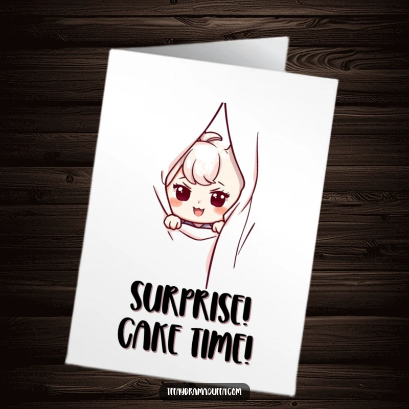 Funny Free Printable Birthday Card: A character peeks from behind a curtain with a mischievous smirk, planning a birthday surprise. Downloadable.