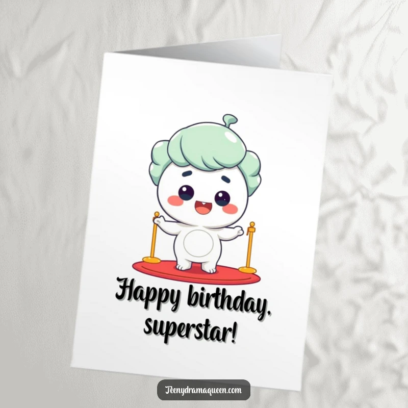 Funny Free Printable Birthday Card: Giggling character posing on a red carpet, beaming with star power.