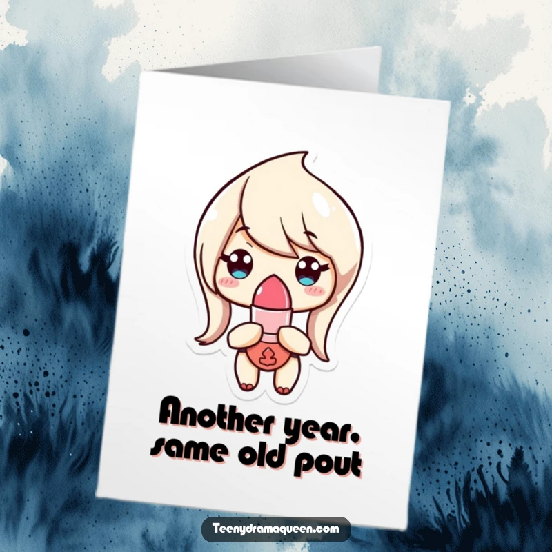 Funny Free Printable Birthday Card: A stylish lipstick character with a perfectly arched brow, looking utterly unimpressed, ready for a birthday.