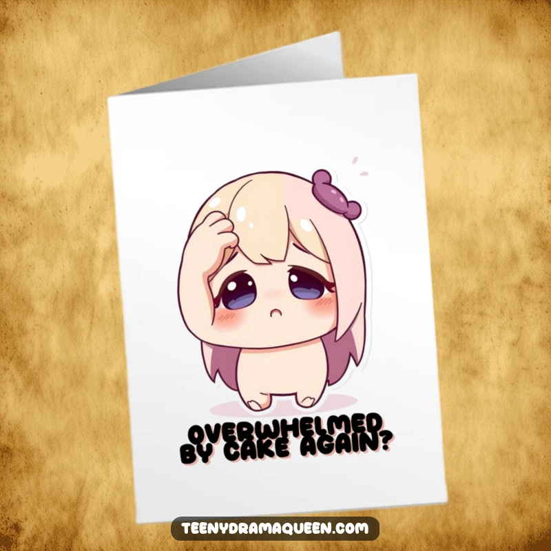 Funny Free Printable Birthday Card: Fainting character dramatically clutches forehead, eyes wide with mock despair, ready to celebrate.