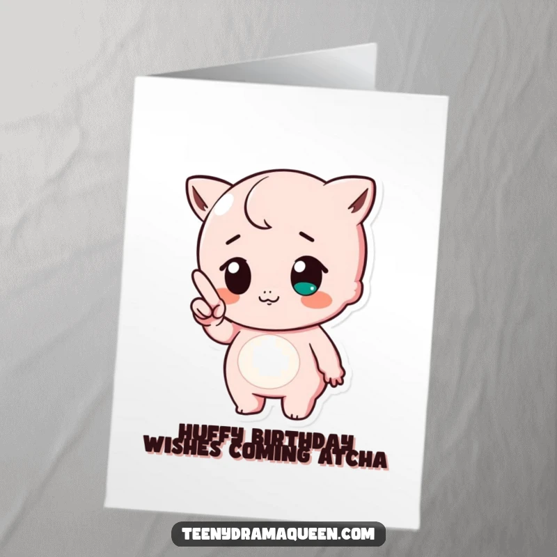 Funny Free Printable Birthday Card: A cute character with a tiny finger pointed and a grumpy huff, embodying playful annoyance.