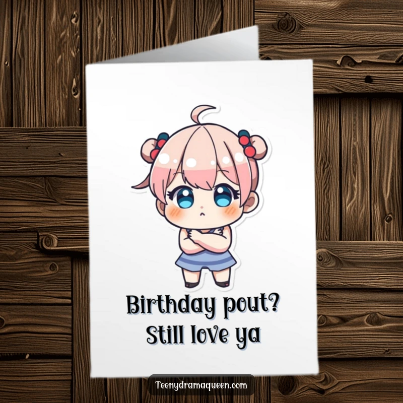 Funny Free Printable Birthday Card: A tiny character with a distinct pout and arms crossed, looking thoroughly unimpressed.
