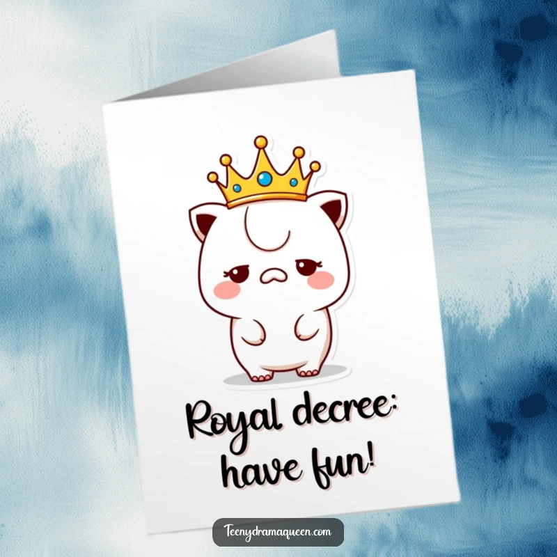 Funny Free Printable Birthday Card: A kawaii character in a tiny crown looks utterly unimpressed, a hilariously regal birthday greeting.
