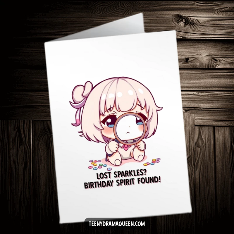 Funny Free Printable Birthday Card: Whimsical character on a detective mission, inspecting a rogue sequin with a magnifying glass.