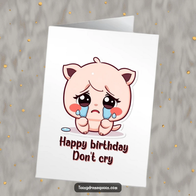 Free Printable Birthday Card: Kawaii character crying tiny tears with huge sad eyes, looking adorably pathetic. Sweet gift.