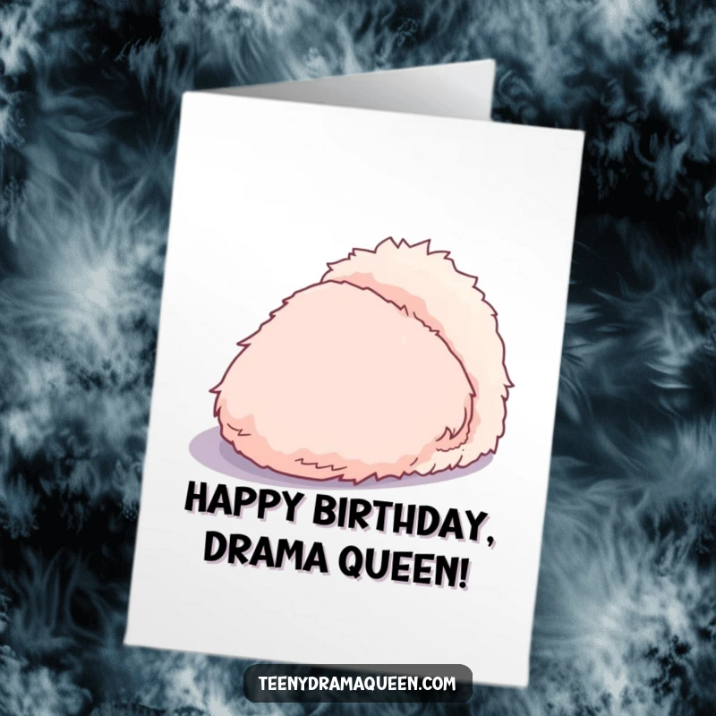 Funny free printable birthday card featuring a dramatic, overly fluffy slipper casting an exaggerated shadow, ready to make a grand entrance.