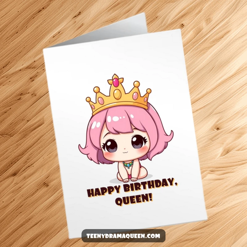 Funny Free Printable Birthday Card: A cute character comically wearing an oversized, majestic tiara.