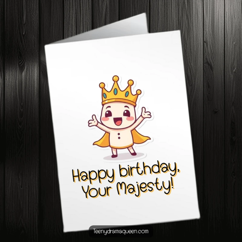 Funny Free Printable Birthday Card: Tiny crown character with wobbly base makes a grand, sweeping gesture.