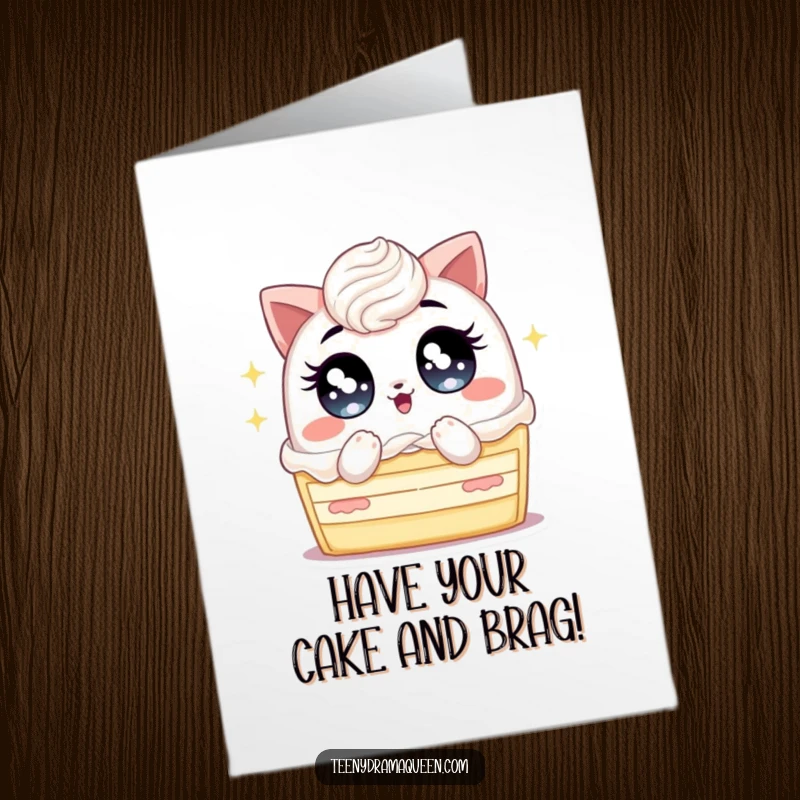 Funny Free Printable Birthday Card: Piece of cake with giant sparkling eyes, fanning itself intensely, celebrating a birthday.