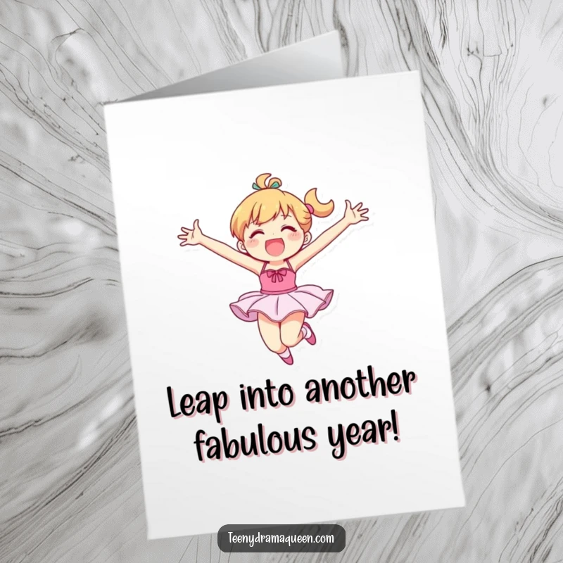 Funny Free Printable Birthday Card: Dancer in Tutu Leaping Joyfully with Arms Outstretched, Spreading Merriment