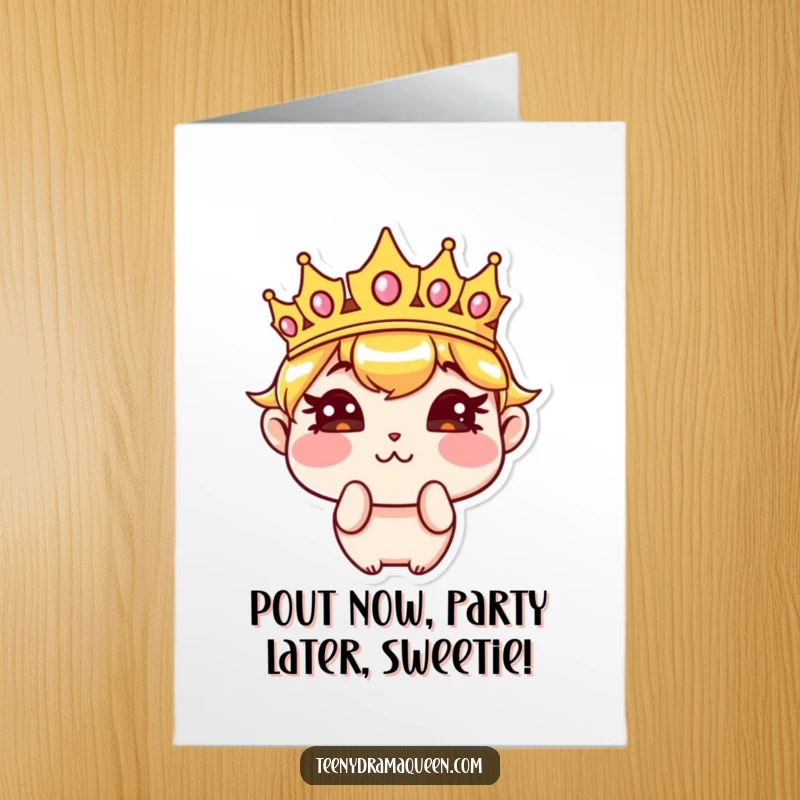 Funny Free Printable Birthday Card: Sassy crown character pouting with puffed cheeks, demanding the best birthday ever with attitude.