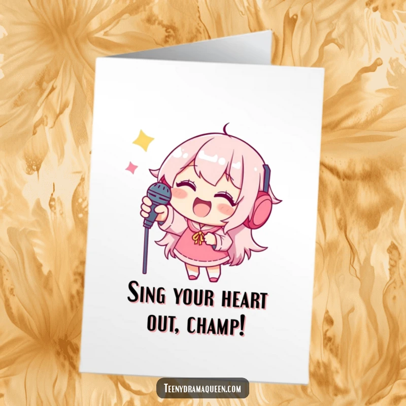 Funny Free Printable Birthday Card: Joyful character reaching for a tiny microphone, ready to serenade.