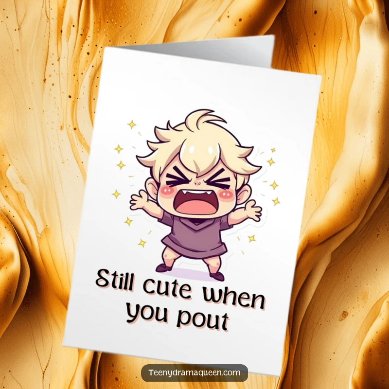 Funny Free Printable Birthday Card: Tiny character throwing a sparkly tantrum. Humorous, downloadable, print at home.