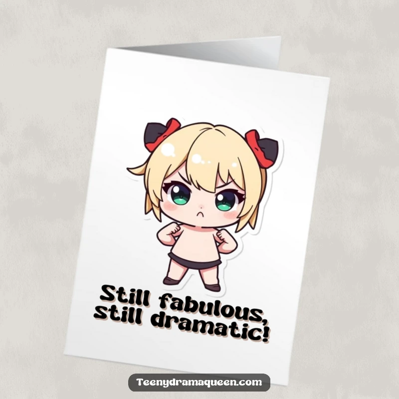 Funny Free Printable Birthday Card: A tiny character striking a dramatic pose, hands on hips, with a noticeable pout.