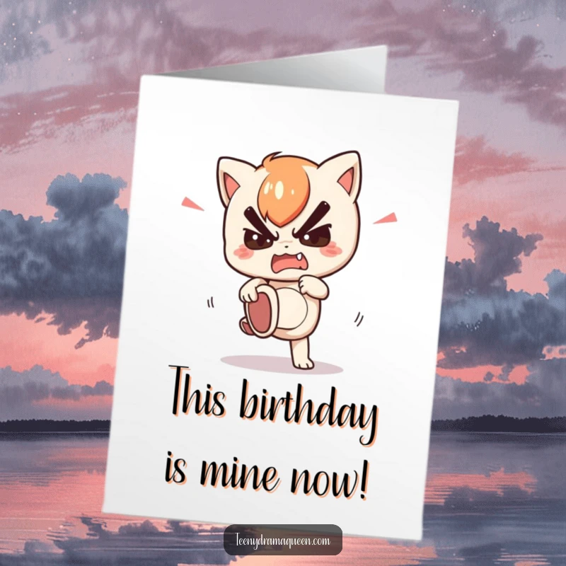 Funny Free Printable Birthday Card: Kawaii character stomping foot with exaggerated feigned anger. Hilarious DIY gift card.