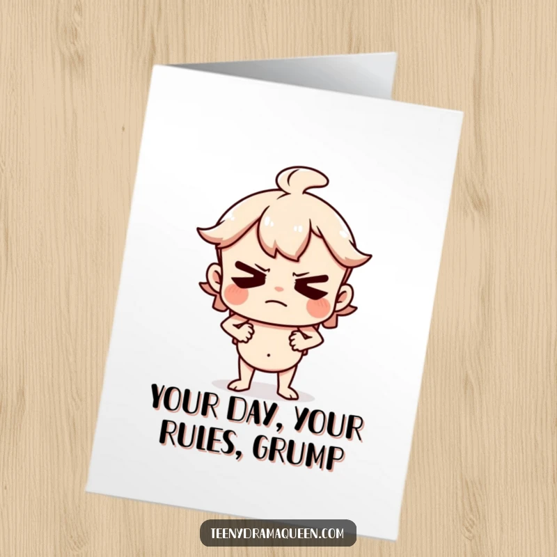 Funny Free Printable Birthday Card: Character huffing with hands on hips, looking displeased, ideal for a humorous downloadable gift.
