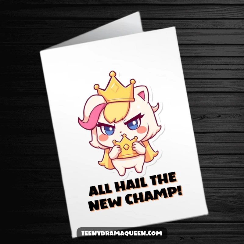 Funny Free Printable Congratulations Card: Haughty character proudly clutches tiny crown, celebrating well-deserved victory.