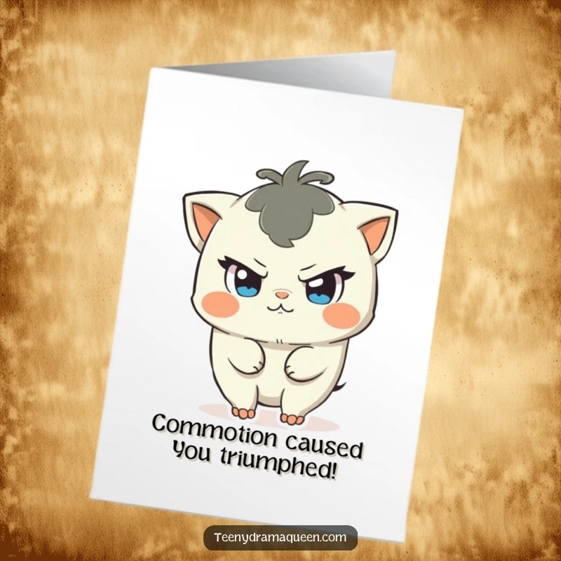 Funny Free Printable Congratulations Card: Mischievous character with a glint in its eye prepares to cause a fun commotion for congratulations.