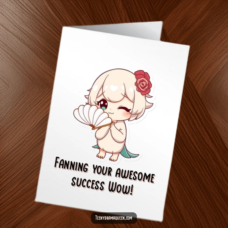 Funny Free Printable Congratulations Card: Elegantly fanning herself, the bored character conveys a humorous, unimpressed reaction to success.