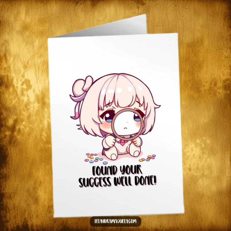 Funny Free Printable Congratulations Card: Character as a sequin detective celebrating great news with a tiny magnifying glass.