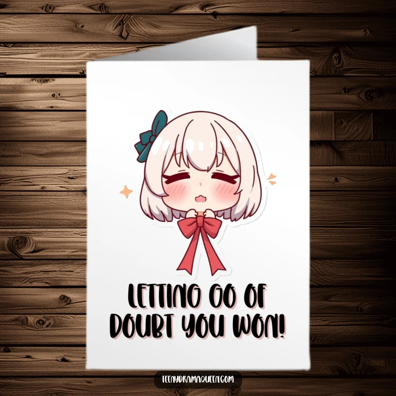 Funny Free Printable Congratulations Card: Character dramatically sighs while releasing a ribbon, expressing funny sentiments about accomplishment.