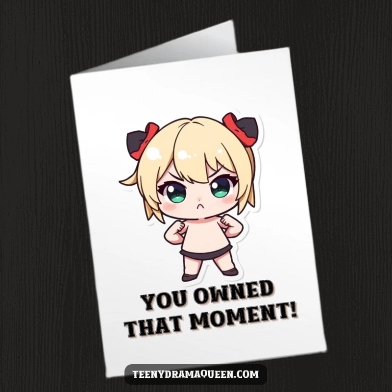 Funny Free Printable Congratulations Card: A tiny character stands dramatically with hands on hips and a pout, celebrating success.