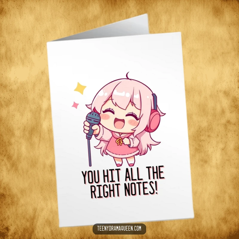 Funny Free Printable Congratulations Card: Joyful character grabbing a tiny microphone to celebrate a win.