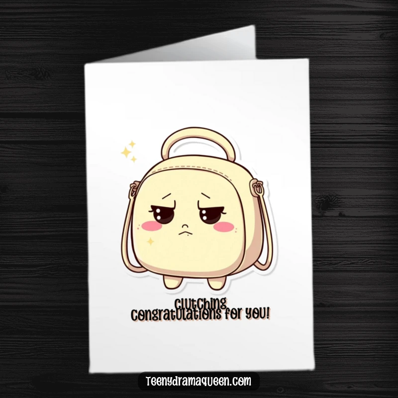 Funny Free Printable Congratulations Card: A sparkly handbag character looks unimpressed, offering congratulations with a side of sassy discontent.