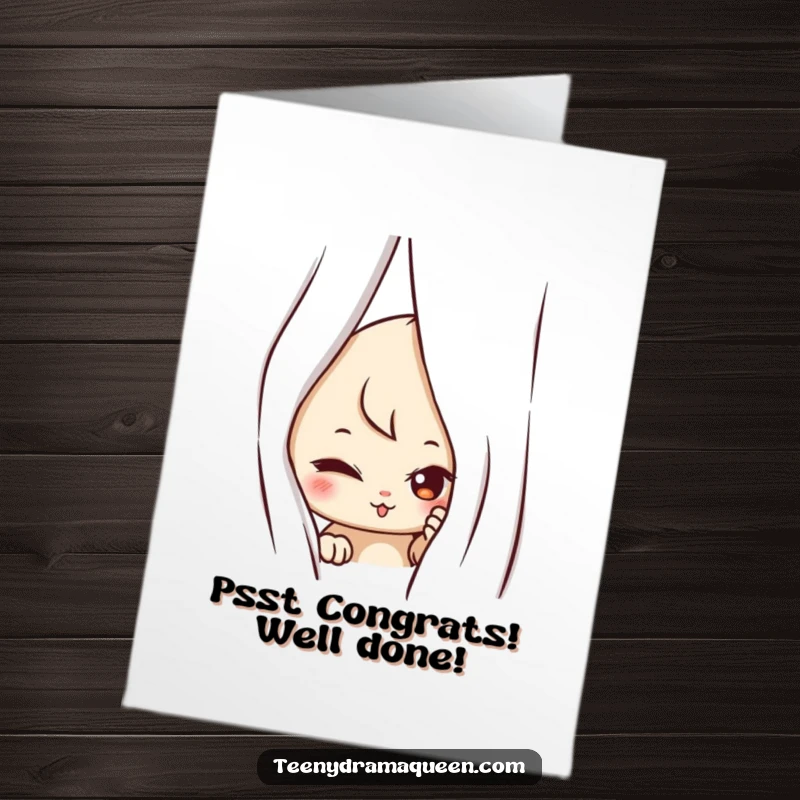 Funny Free Printable Congratulations Card: A mischievous character peeking from behind a curtain, plotting a fun surprise to celebrate your win.