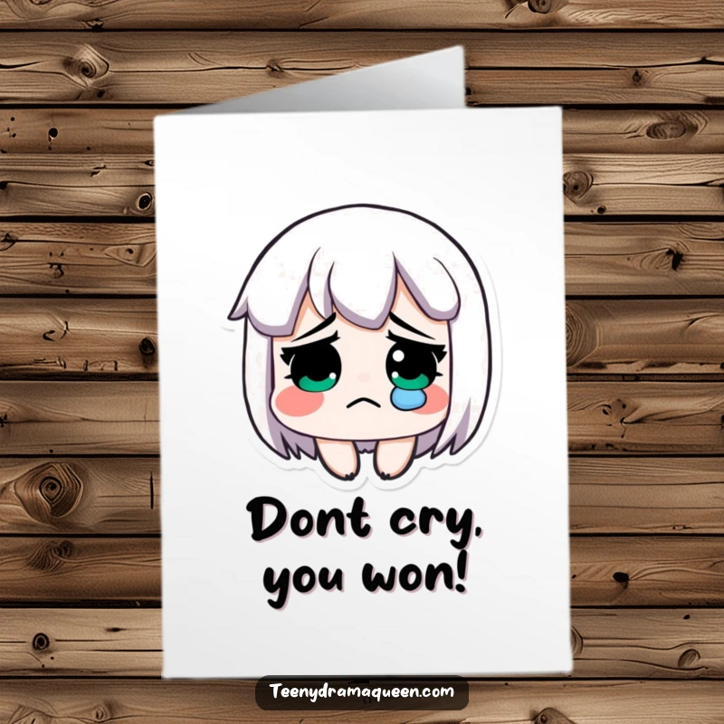 Funny Free Printable Congratulations Card: Exaggeratedly sad character shedding a single tear, ironically celebrating.