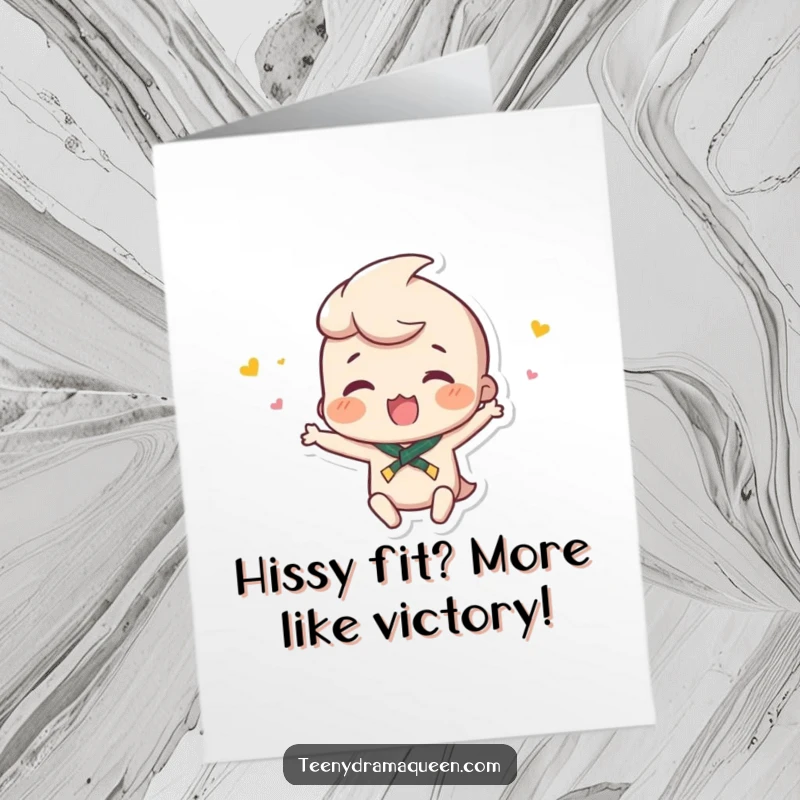 Funny Free Printable Congrats Card: A small character throwing a minuscule hissy fit, showcasing mock outrage and theatricality.