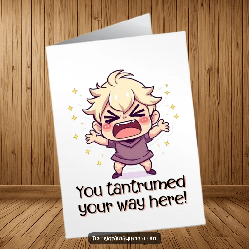 Funny Free Printable Congratulations Card: Tiny character in a sparkly tantrum, celebrating. Downloadable, print at home.