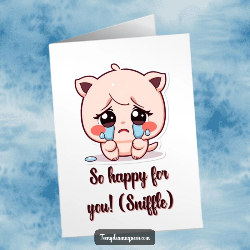 Free Printable Congratulations Card: Kawaii character shedding tiny tears with big, sad eyes. A cute and funny gift.
