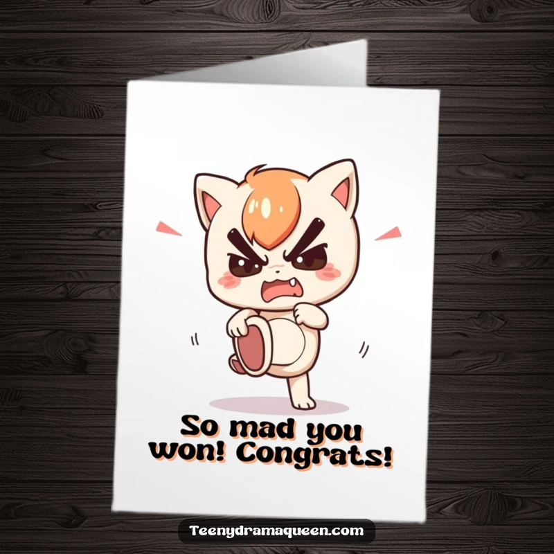 Free Printable Congratulations Card: Kawaii character stomping its foot, expressing mock anger. Downloadable funny gift.