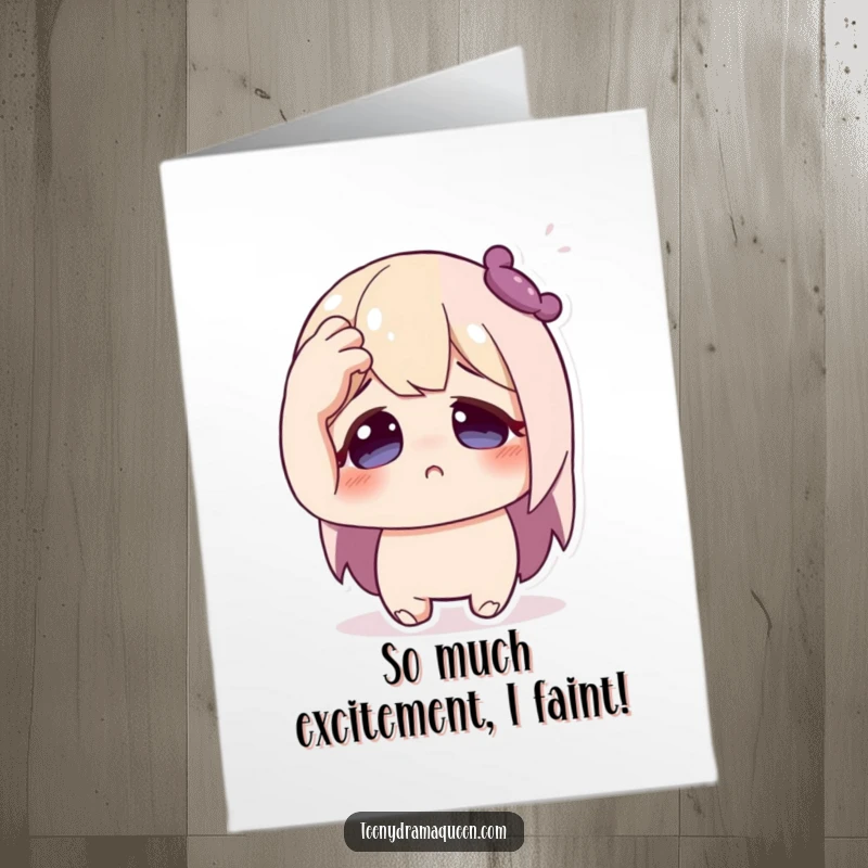 Funny Free Printable Congratulations Card: Character pretends to faint with wide eyes and hand to forehead, reacting to amazing news.