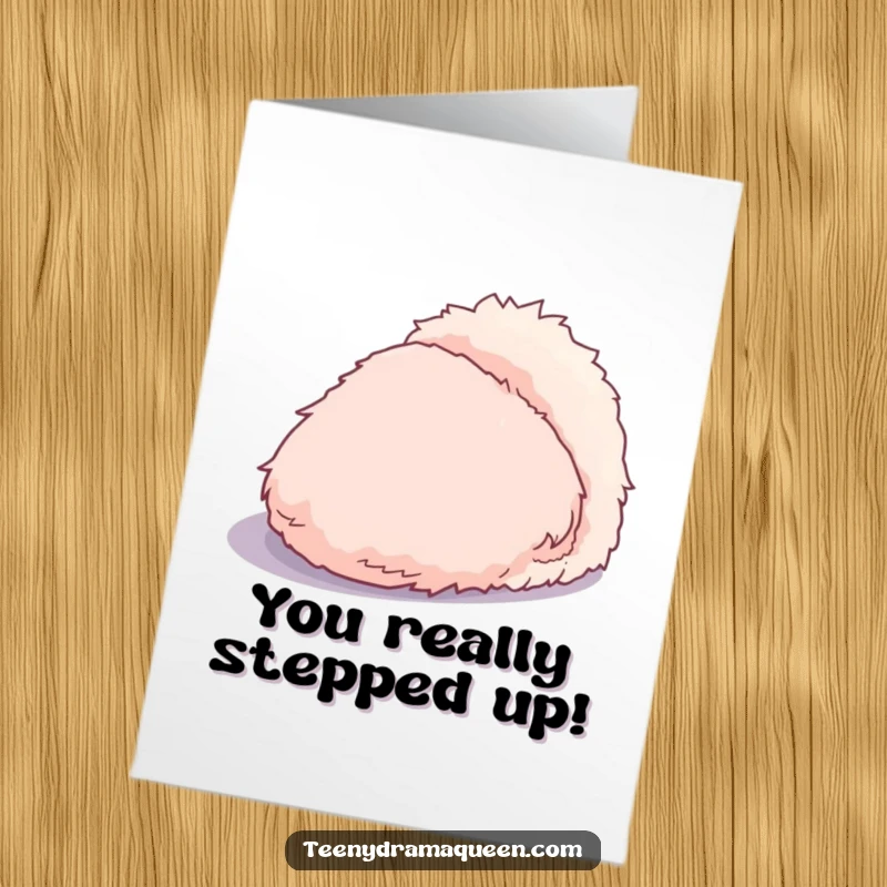 Funny free printable congratulations card showing a dramatic, fluffy slipper with a huge shadow, celebrating a major accomplishment with style.
