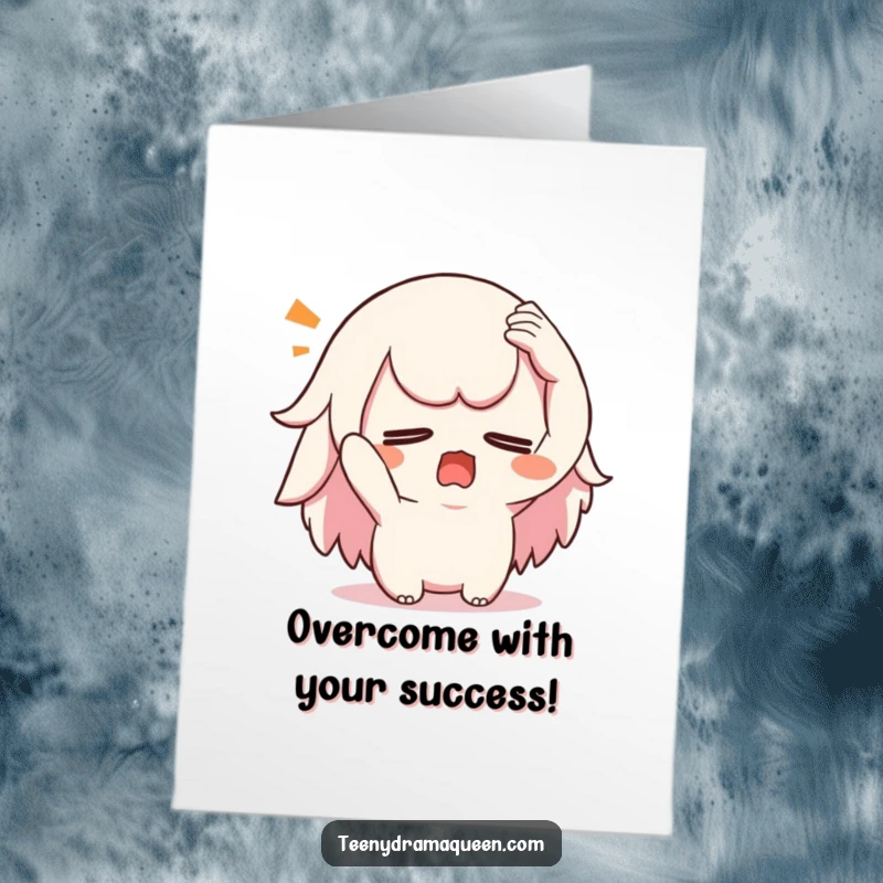 Funny Free Printable Congratulations Card: Kawaii character dramatically swooning with a hand on its forehead, reacting to overwhelming news.